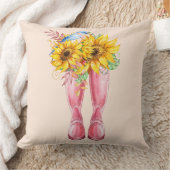 ピンクのブーツ、ブルーバードとヒマワリ クッション (ブランケット)