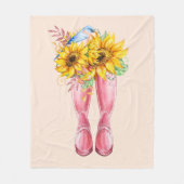 ピンクのブーツ、ブルーバードとヒマワリ フリースブランケット (正面)