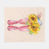 ピンクのブーツ、ブルーバードとヒマワリ フリースブランケット (正面(横))