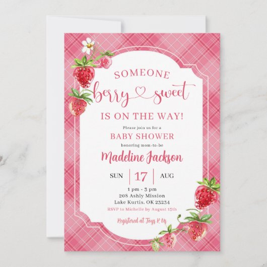 ピンクのプライドのベリー甘い女の子ストロベリーベビーシャワー 招待状 (正面)