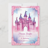 ピンクのプリンセスお洒落フェアタリーキャッスル誕生日 招待状 (正面)