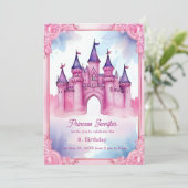 ピンクのプリンセスお洒落フェアタリーキャッスル誕生日 招待状 (スタンド正面)