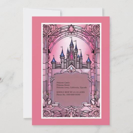 ピンクのプリンセスお洒落フェアタリーキャッスル誕生日 招待状 (裏面)