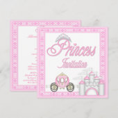 ピンクのプリンセスのコーチおよび城の誕生会 招待状 (正面/裏面)