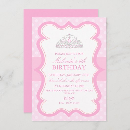 ピンクのプリンセスのティアラの女の子の誕生日の招待状 招待状 (正面/裏面)