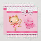 ピンクのプリンセスのバレリーナの子猫猫のベビーシャワー 招待状 (正面/裏面)