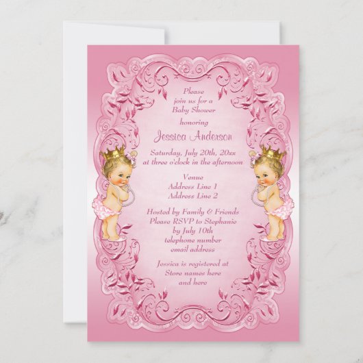 ピンクのプリンセスの双子と真珠のベビーシャワー 招待状 (裏面)