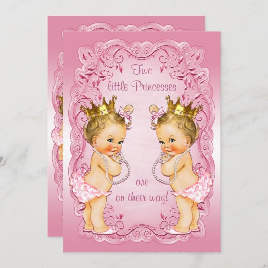 ピンクのプリンセスの双子と真珠のベビーシャワー 招待状 (正面/裏面)