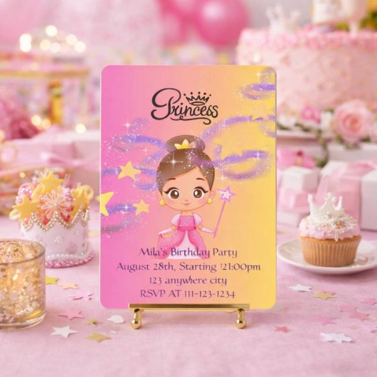 ピンクのプリンセスの女の子の誕生日招待状 招待状
