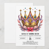 ピンクのプリンセスの王冠　誕生日 招待状 (正面/裏面)