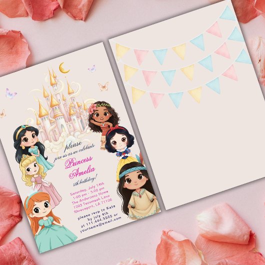 ピンクのプリンセスの童話の魔法の城の誕生日  招待状