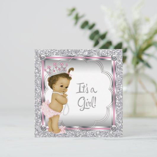 ピンクのプリンセスアフリカ系アメリカ人ベビーシャワー 招待状 (スタンド正面)