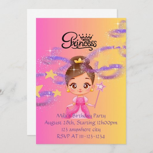 ピンクのプリンセスガールの誕生日の招待状 セーブザデート (正面/裏面)
