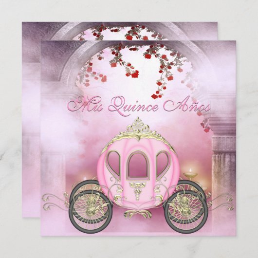 ピンクのプリンセスキャリッジによって魅了されるキンセアニェラ 招待状 (正面/裏面)