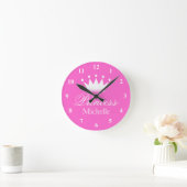 ピンクのプリンセスクラウンの壁時計と女の子名 ラウンド壁時計 (ホーム)