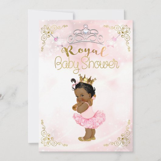 ピンクのプリンセススパークルエスニックダークスキン赤ちゃんシャワー 招待状 (裏面)