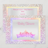 ピンクのプリンセステーマベビーシャワーレースティアラパステル 招待状 (正面/裏面)