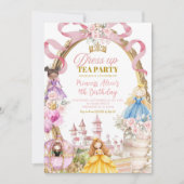 ピンクのプリンセスドレスアップティーパーティー 誕生日 招待状 (正面)