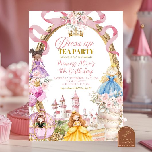 ピンクのプリンセスドレスアップティーパーティー 誕生日 招待状