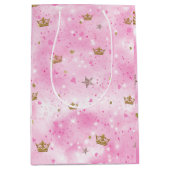 ピンクのプリンセスハートスターズ&クラウンズ誕生日パーティー ミディアムペーパーバッグ (正面)
