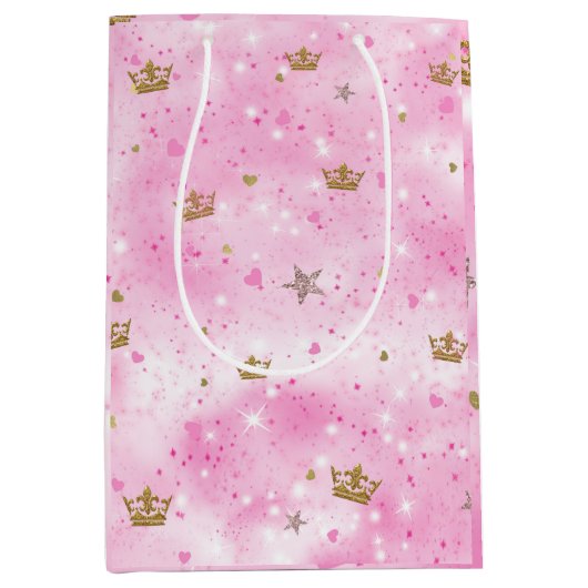 ピンクのプリンセスハートスターズ&クラウンズ誕生日パーティー ミディアムペーパーバッグ (正面)