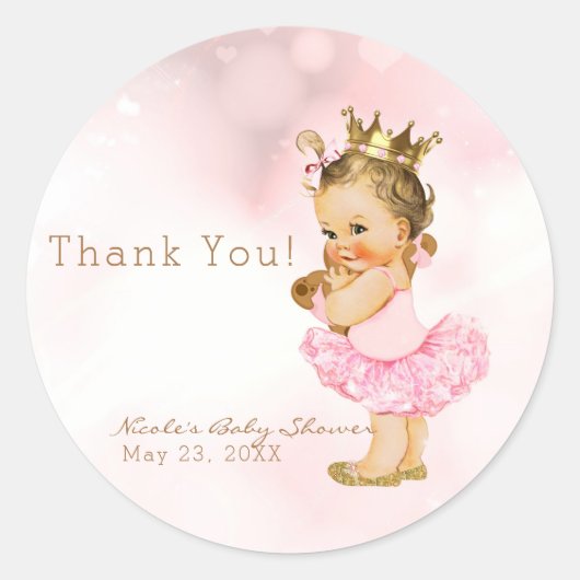 ピンクのプリンセスヴィンテージベビーガールシャワーのお気に入り ラウンドシール (正面)