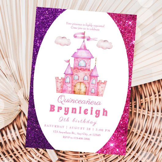 ピンクのプリンセス城の少女誕生日パーティー 招待状