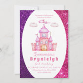 ピンクのプリンセス城の少女誕生日パーティー 招待状 (正面)