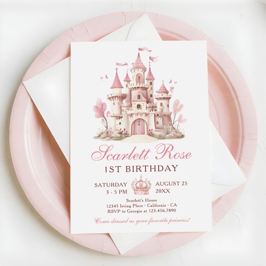 ピンクのプリンセス城の花 1歳の誕生日パーティー 招待状