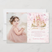 ピンクのプリンセス城の誕生日写真ありがとうカード サンキューカード (正面)