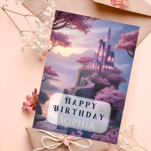 ピンクのプリンセス城の誕生日 カード