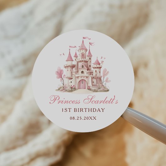 ピンクのプリンセス城 女の子の誕生日パーティー ラウンドシール