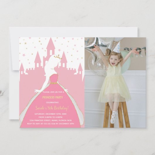 ピンクのプリンセス誕生日招待状と写真 招待状 (正面)