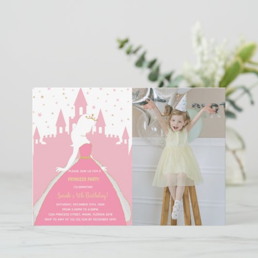 ピンクのプリンセス誕生日招待状と写真 招待状 (スタンド正面)