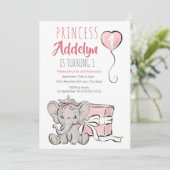 ピンクのプリンセス象の子供の1歳の誕生日パーティー 招待状 (スタンド正面)