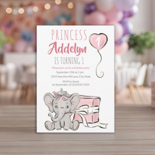 ピンクのプリンセス象の子供の1歳の誕生日パーティー 招待状