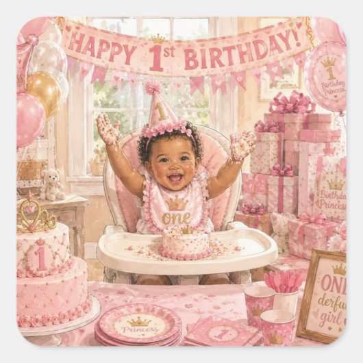 ピンクのプリンセス1歳の誕生日パーティーステッカー スクエアシール (正面)