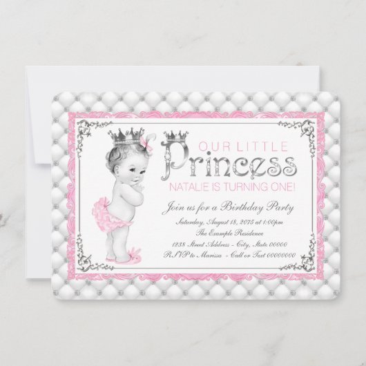 ピンクのプリンセス1歳の誕生日パーティー 招待状 (正面)