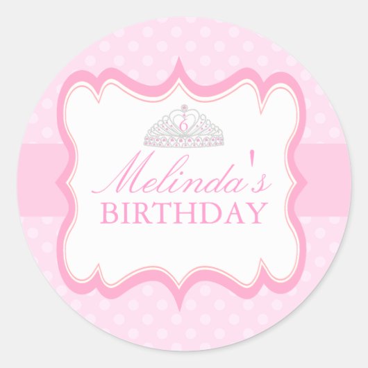 ピンクのプリンセス・ティアラ 女子 誕生日ステッカー ラウンドシール (正面)