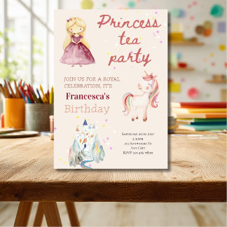 ピンクのプリンセス・ティーパーティー 誕生日招待状 招待状
