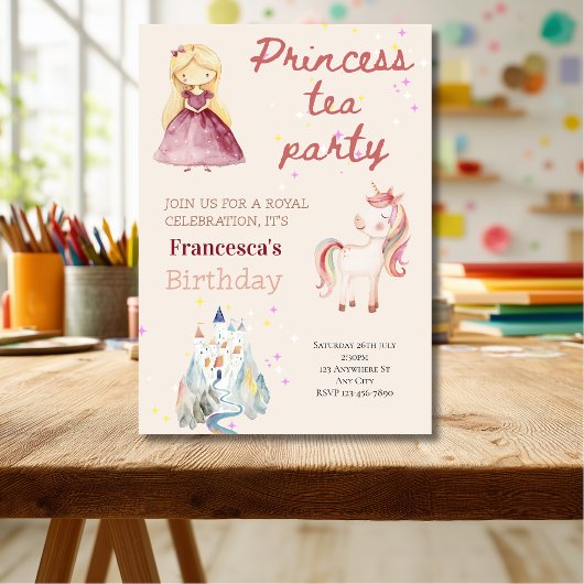 ピンクのプリンセス・ティーパーティー 誕生日招待状 招待状