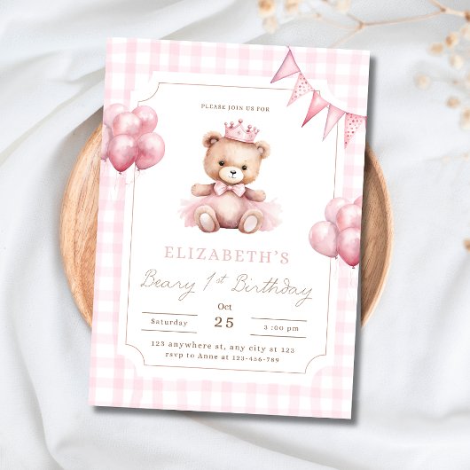 ピンクのプリンセス テディベア Beary 1歳の誕生日  招待状