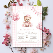 ピンクのプリンセス テディベア Beary 1歳の誕生日  招待状