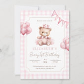 ピンクのプリンセス テディベア Beary 1歳の誕生日  招待状 (正面)