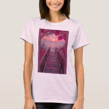 ピンクのプリントデザインが可愛いピンクのTシャツ