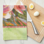 ピンクのプルメリアの絵画花の緑のキッチンタオル キッチンタオル (四つ折り)