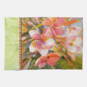 ピンクのプルメリアの絵画花の緑のキッチンタオル キッチンタオル (横)