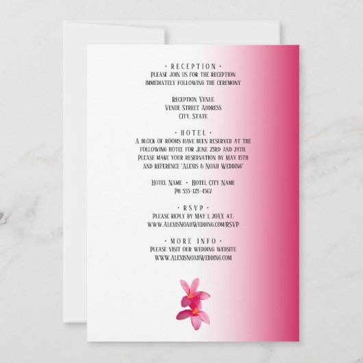 ピンクのプルメリアの花ピンク、フローラ結婚、 招待状 (裏面)