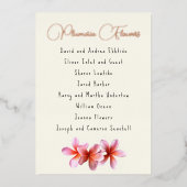 ピンクのプルメリアフラワーズゲストリストフォイルのシーティングカード 箔招待状 (正面)