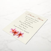 ピンクのプルメリアフラワーズゲストリストフォイルのシーティングカード 箔招待状 (回転した状態)